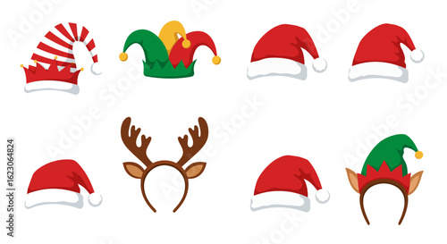 Collection of Festive Holiday Hats and Headwear Featuring Santa Hats Elf Hats Jester Hats and Reindeer Antlers for Seasonal Celebrations and Dress Up
