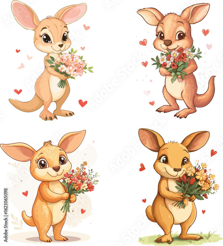 The cute kangaroo is holding a bouquet of flowers for valentine vector style on white background