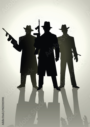 Retro mafia gangster silhouettes with guns illustration, vintage mobster crime art in nostalgic style