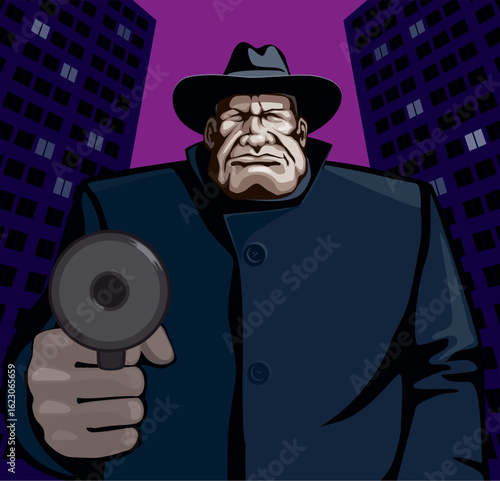 Retro mafia boss pointing gun illustration in vintage cartoon style, gangster character art