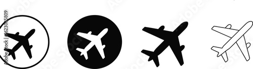 Airplane icon set, solid and outline styles, black and white aviation symbols, travel graphic pack, vector flight illustration, minimal design