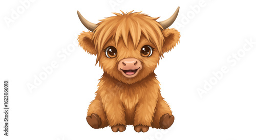 Adorable illustration of a fluffy Highland cow calf sitting happily with big expressive eyes and adorable small horns a perfect representation of cute farm animals and charming livestock ready to melt
