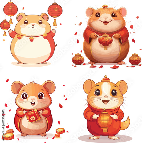 The cute Hamster is celebrating the chinese new year vector style on white background