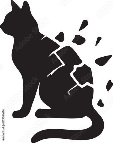 Silhouette of a black cat breaking apart into fragments against a white background
