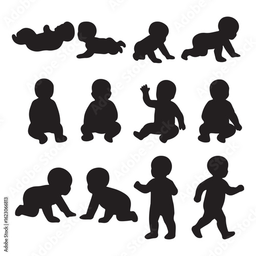 Silhouette Collection of Baby Crawling, Sitting, and Walking Poses

