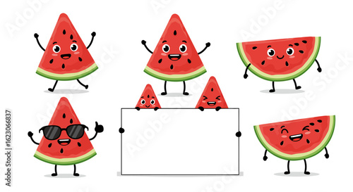 Joyful Watermelon Slices Character Collection Featuring Fun Expressions and Poses with Blank Signage for Summer Greetings and Advertisements