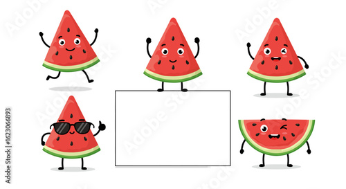 Happy Cartoon Watermelon Slices with Various Fun Poses and a Blank Sign for Your Text and Designs