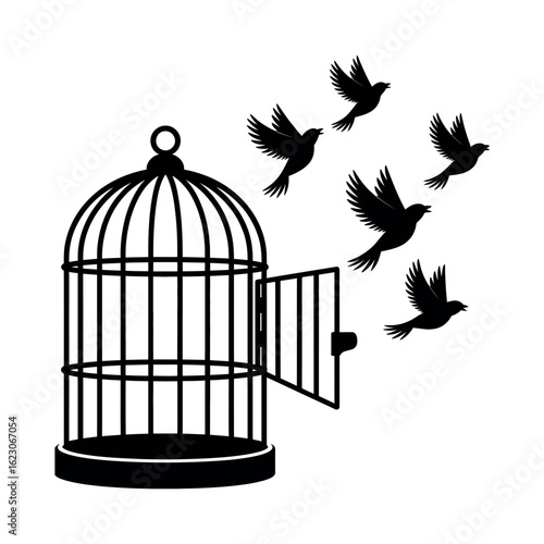 Birds flying out of an open birdcage silhouette freedom