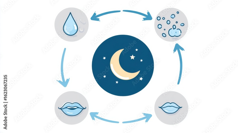 Obraz premium Medium frame on a sleepers dry mouth zone moon icon overhead arrows illustrating the pathway from nighttime dryness to salivary gland issues dehydration and apnearelated sleep