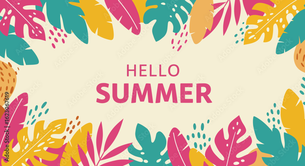 Fototapeta premium Hello Summer Vibrant Tropical Leaves Border Design Greeting Card Background Invitation Poster Party Celebration Warm Weather Fun Outdoor Activities Beach Vacation Getaway