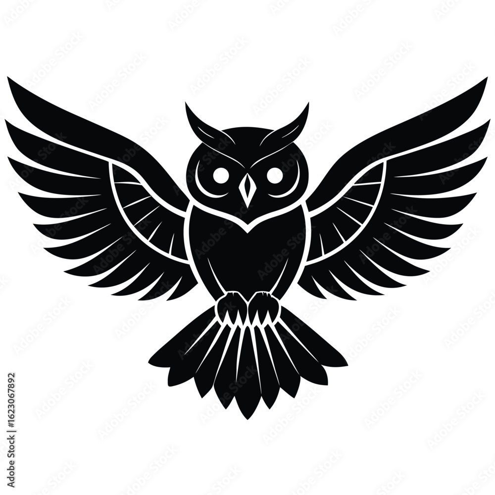 Obraz premium Stylized monochrome owl image with outstretched wings, simple and powerful design