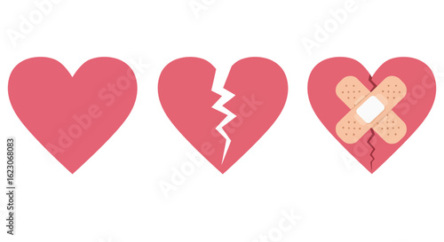 vVisual representation of the emotional journey from a healthy heart to a broken heart and the process of healing with bandages symbolizing recovery and mending emotional wound