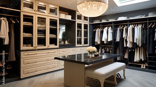 Spacious walk-in closet with light maple cabinetry, gold railings and handles, dark grey stone flooring, soft beige bench seating, and a cascading pendant light fixture, full frame,