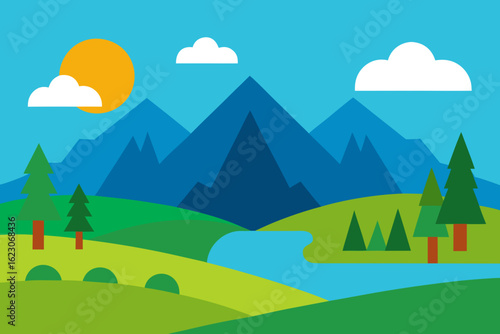 Stylized landscape with mountains river sun and trees