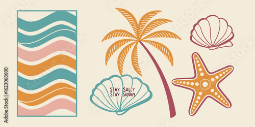 This cheerful, minimalist poster design features a sun, seashell, palm leaf, and starfish arranged in a graphic style, evoking a summery beach aesthetic.