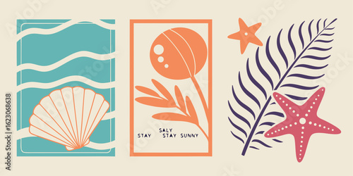 This cheerful, minimalist poster design features a sun, seashell, palm leaf, and starfish arranged in a graphic style, evoking a summery beach aesthetic.