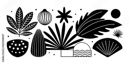 This cheerful, minimalist poster design features a sun, seashell, palm leaf, and starfish arranged in a graphic style, evoking a summery beach aesthetic.