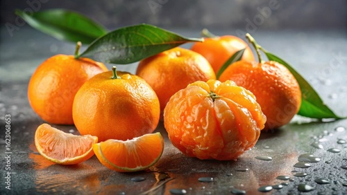 A vibrant collection of juicy mandarin oranges, glistening with fresh water droplets, rests on a dark, reflective surface, accented by lush green leaves.