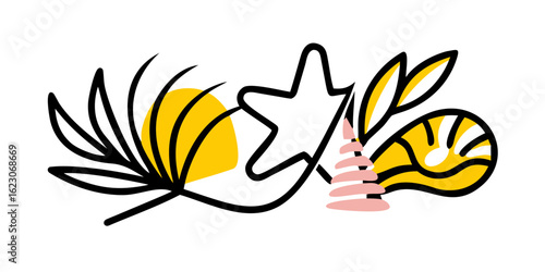 This cheerful, minimalist poster design features a sun, seashell, palm leaf, and starfish arranged in a graphic style, evoking a summery beach aesthetic.