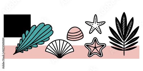 This cheerful, minimalist poster design features a sun, seashell, palm leaf, and starfish arranged in a graphic style, evoking a summery beach aesthetic.