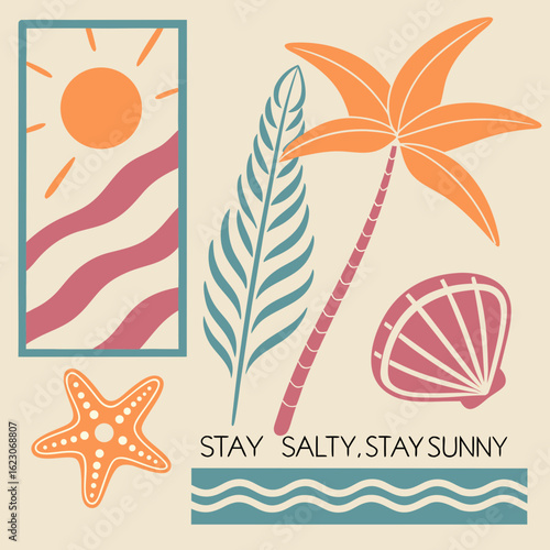 This cheerful, minimalist poster design features a sun, seashell, palm leaf, and starfish arranged in a graphic style, evoking a summery beach aesthetic.