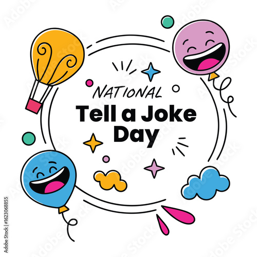 Happy national tell a joke day with laughing balloons and hot air balloon