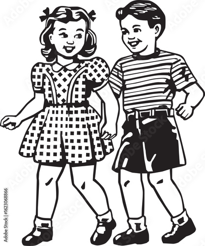 Retro Children Playing, Vintage Illustration