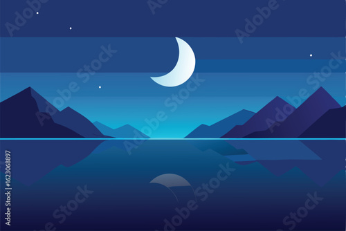 nighttime seascape with moonlit mountains   starry.eps