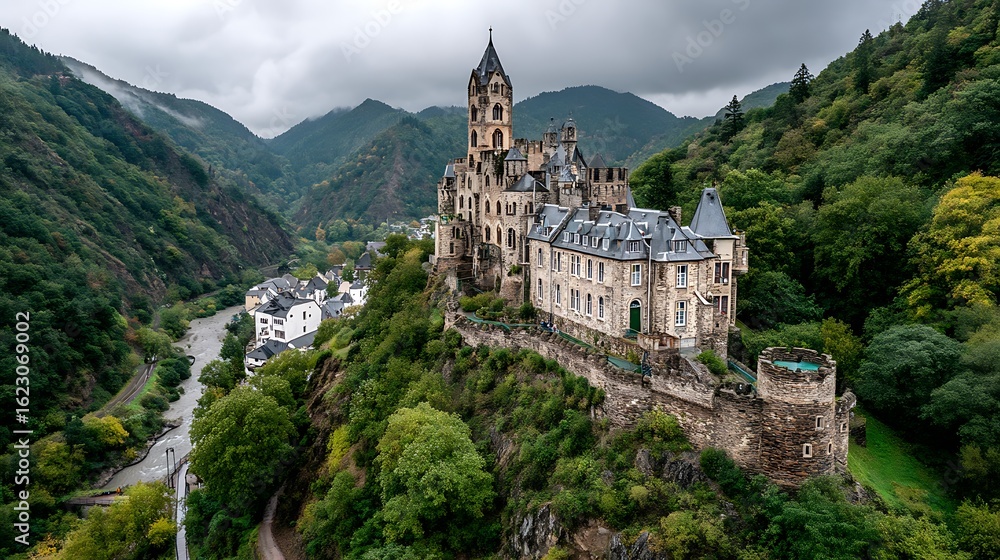 Obraz premium Medieval Castle on Cliffside with Germany, Valley View, and Historical Architecture.