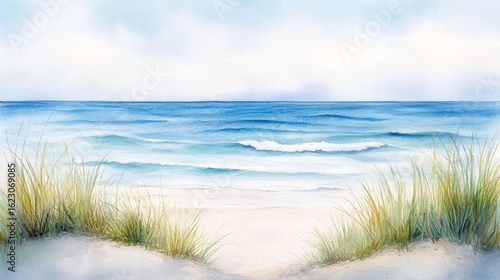 Serene Coastal Watercolor Beach Grass and Ocean Waves, seascape, watercolor painting