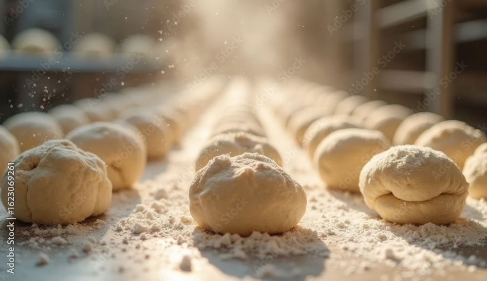 Fototapeta premium Close-up of dough balls on a floured surface, bathed in natural light. The scene captures a calm moment of bread preparation in an artisanal baking process