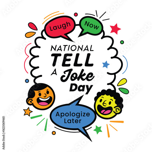 Celebrate national tell a joke day with happy faces and speech bubbles