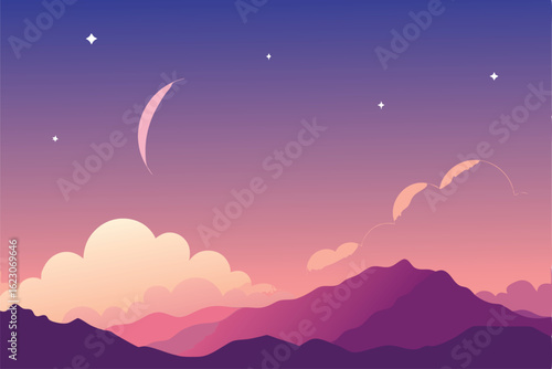pink cloud sky background with dreamy stars and mo.eps