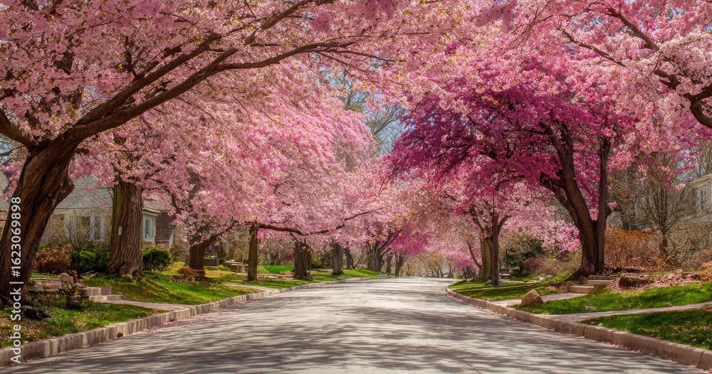 Naklejka premium Pink cherry blossoms line a suburban street