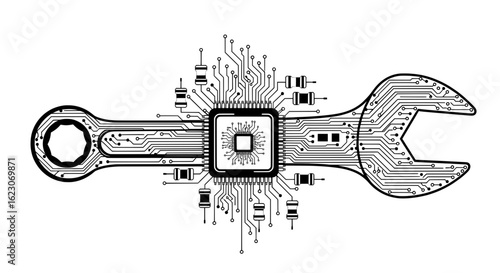 AI Brain Chip Circuit Illustration: Central Processor with Digital Pathways
