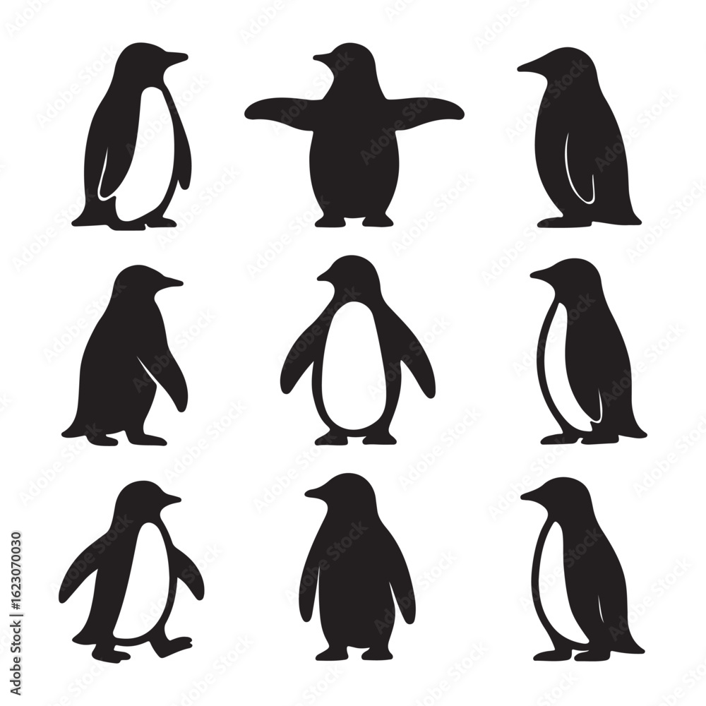 Obraz premium Set of penguin silhouettes on white background 