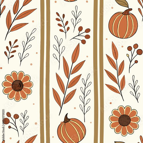 Fall pumpkin, flowers, cute coquette bows seamless pattern. . Vertical striped autumn repeat background.