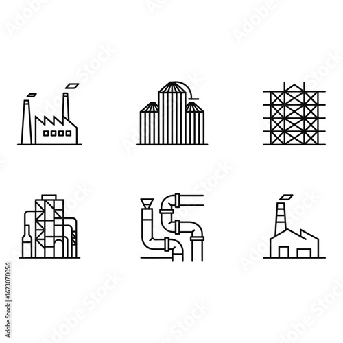 Industrial buildings and scaffolding structures on white background