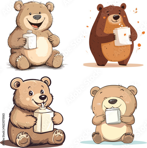 The happy bear is drinking a milk from the drinking box vector style on white background