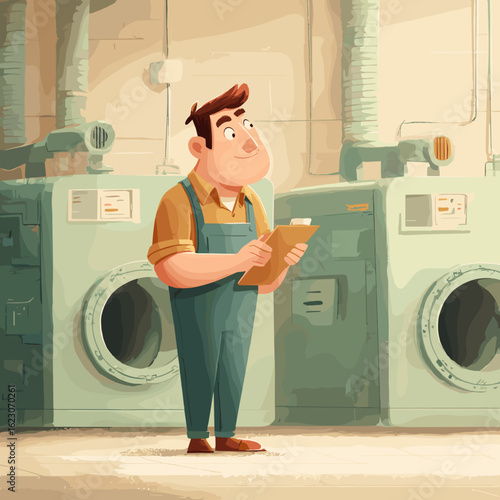 Laundry worker reviewing checklist in professional uniform indoors  