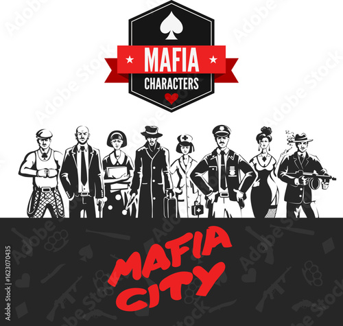 Full mafia character collection poster with vintage gangster figures in retro noir style