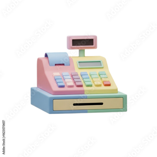 Retro pastel cash register with drawer and display isolated on transparent background