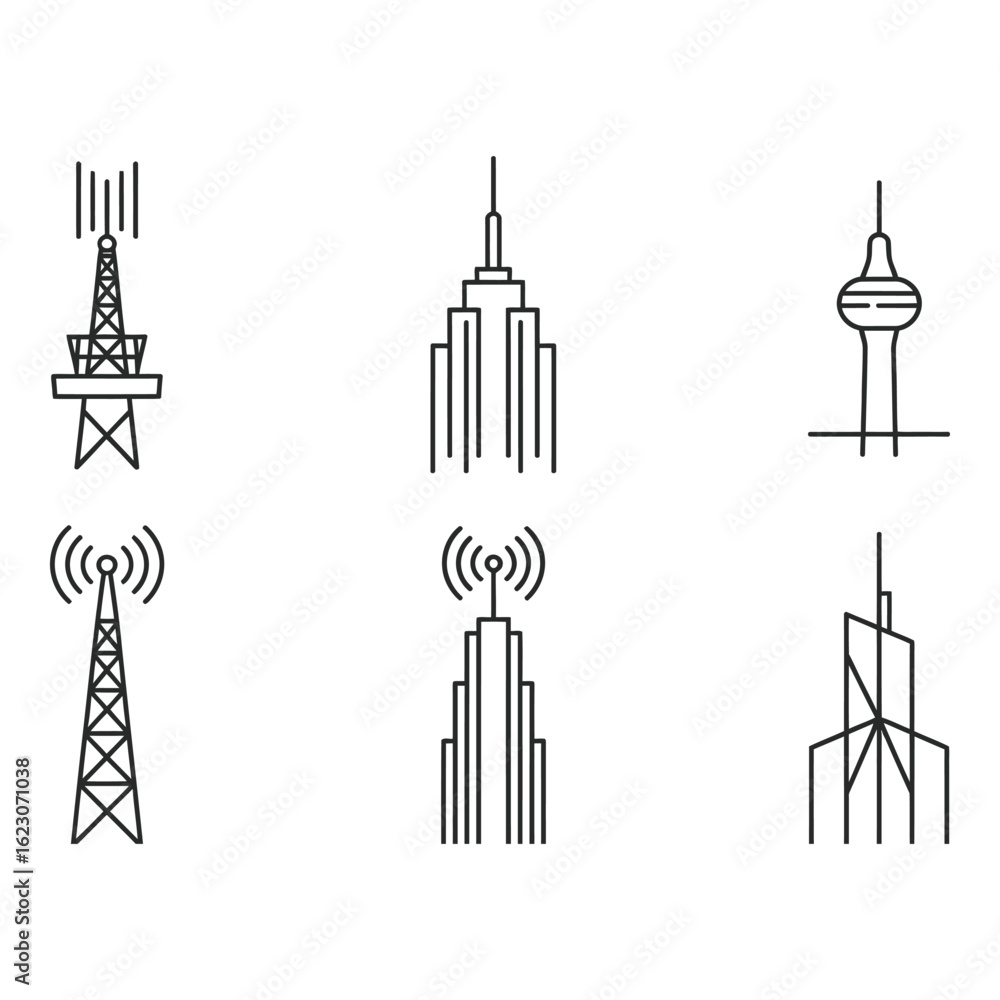Fototapeta premium Telecommunication and architecture line icons on white background