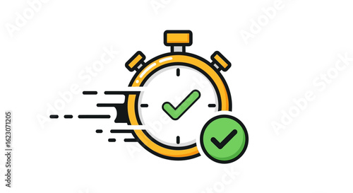Fast Delivery Stopwatch with Green Checkmarks, Speed Icon, Deadline Symbol