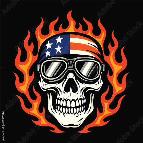 Skull with American flag bandana and goggles surrounded by flames
