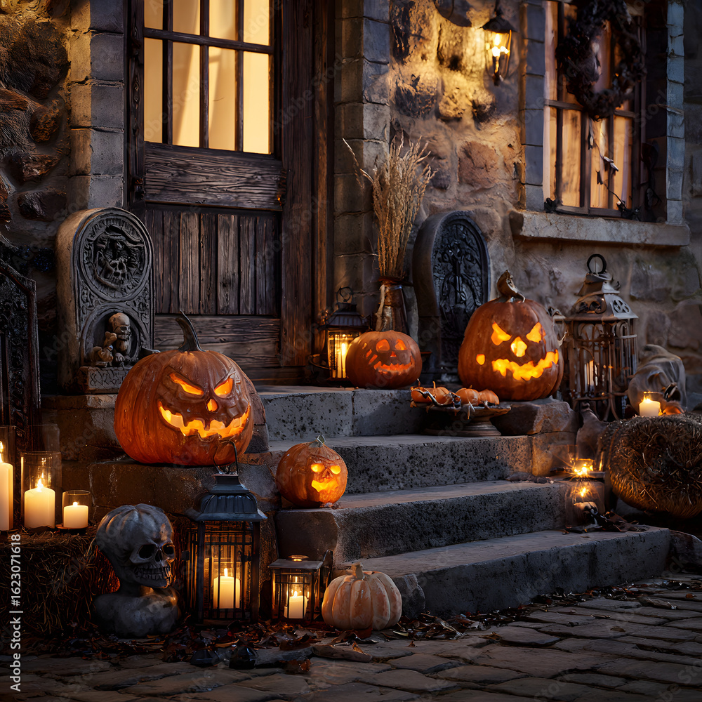 Spooky Halloween Scene: An eerie yet festive Halloween tableau, featuring carved pumpkins and thematic decor that capture the spooky season's spirit and dark ambiance.