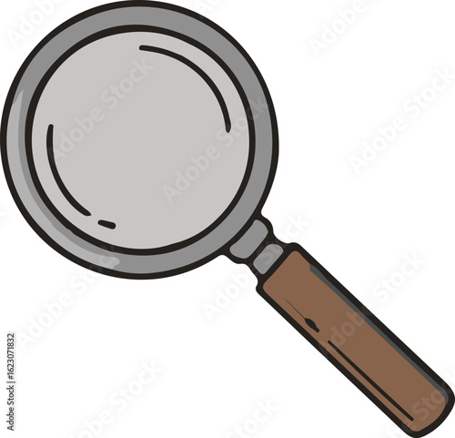 An isolated magnifying glass with a black handle and a clear lens for searching and discovery