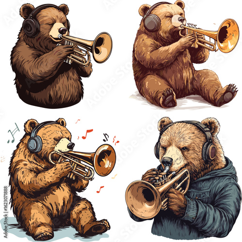 The bear is playing trumpet while wearing headphone vector style on white background