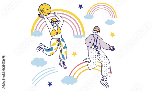 Colorful Urban Basketball Illustration Set – Funky Streetwear Style with Rainbows & Positive Vibes