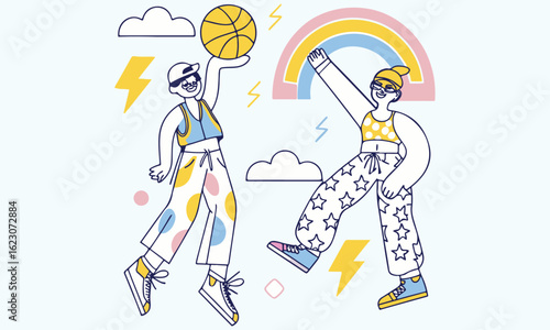Colorful Urban Basketball Illustration Set – Funky Streetwear Style with Rainbows & Positive Vibes